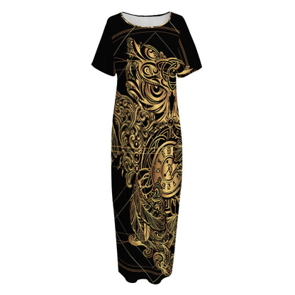 Golden Spiritual Owl Print Short Sleeve Long Nightdress