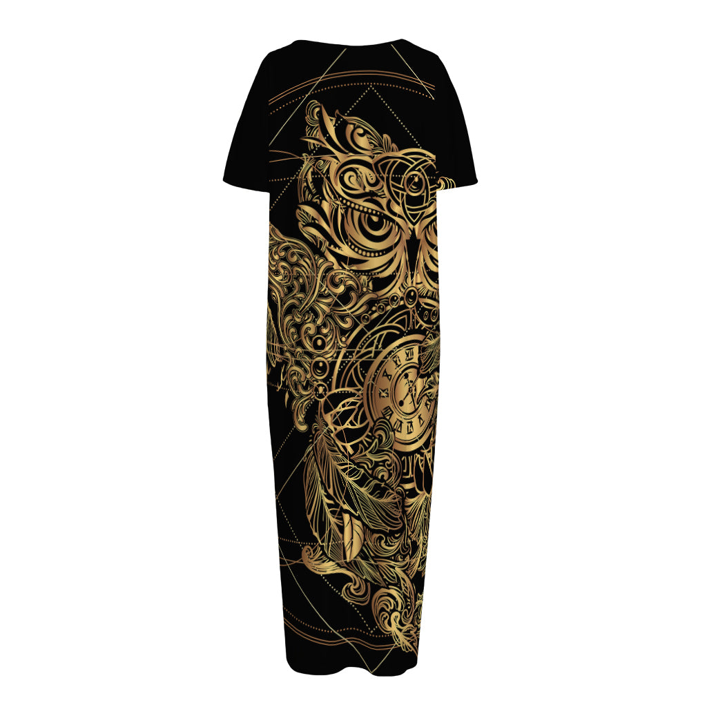 Golden Spiritual Owl Print Short Sleeve Long Nightdress
