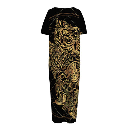 Golden Spiritual Owl Print Short Sleeve Long Nightdress