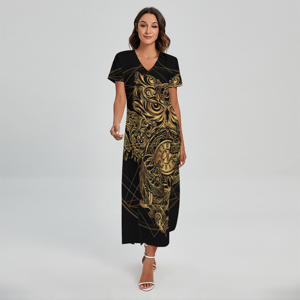 Golden Spiritual Owl Print Short Sleeve Maxi Dress