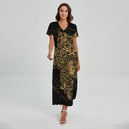 Golden Spiritual Owl Print Short Sleeve Maxi Dress