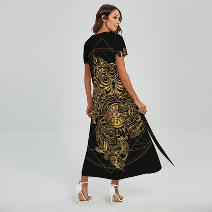 Golden Spiritual Owl Print Short Sleeve Maxi Dress