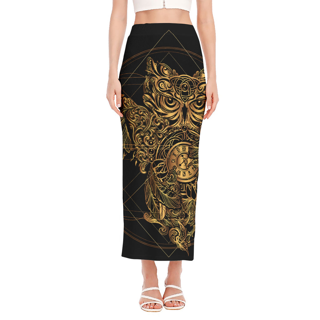 Golden Spiritual Owl Print Side Slit Maxi Skirt