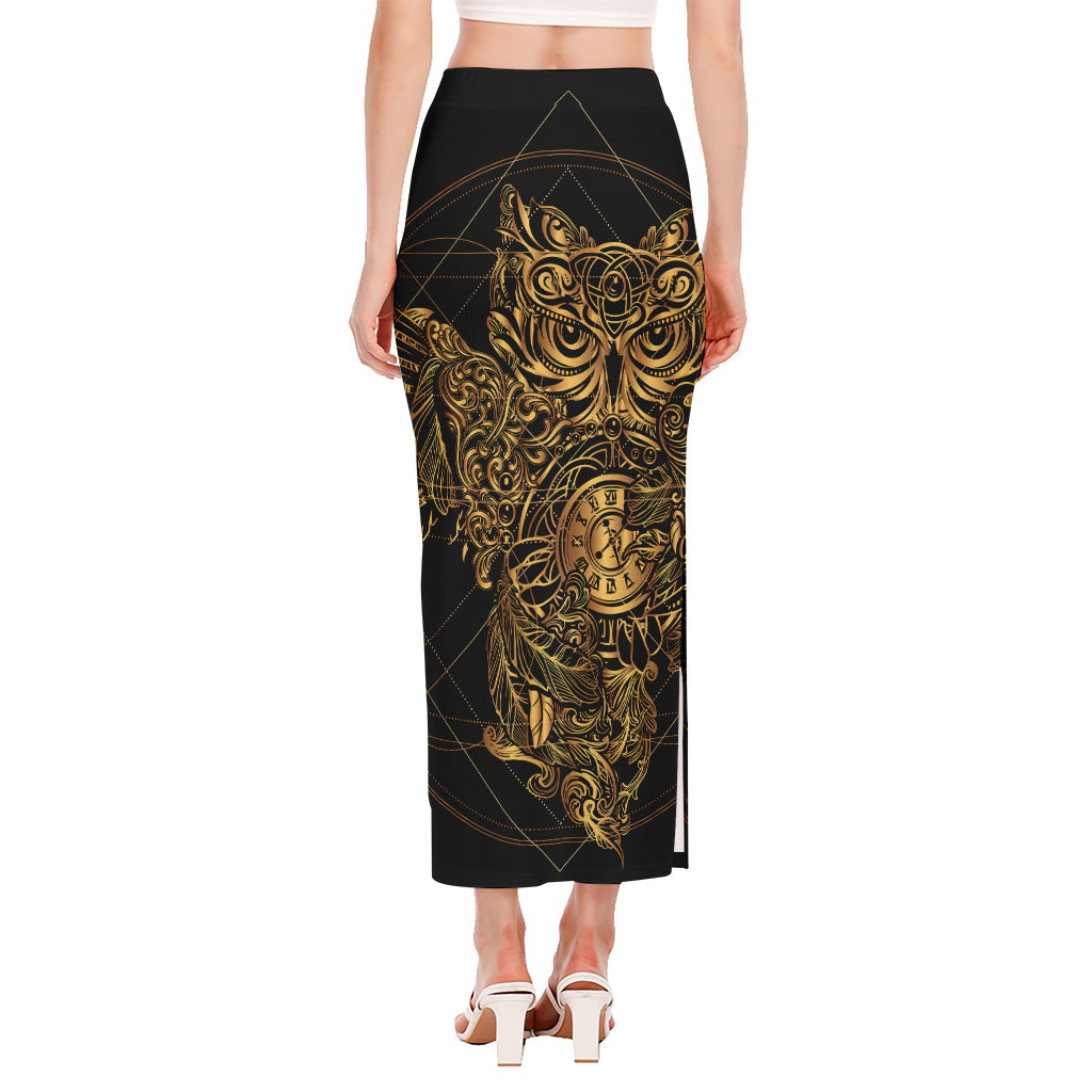 Golden Spiritual Owl Print Side Slit Maxi Skirt