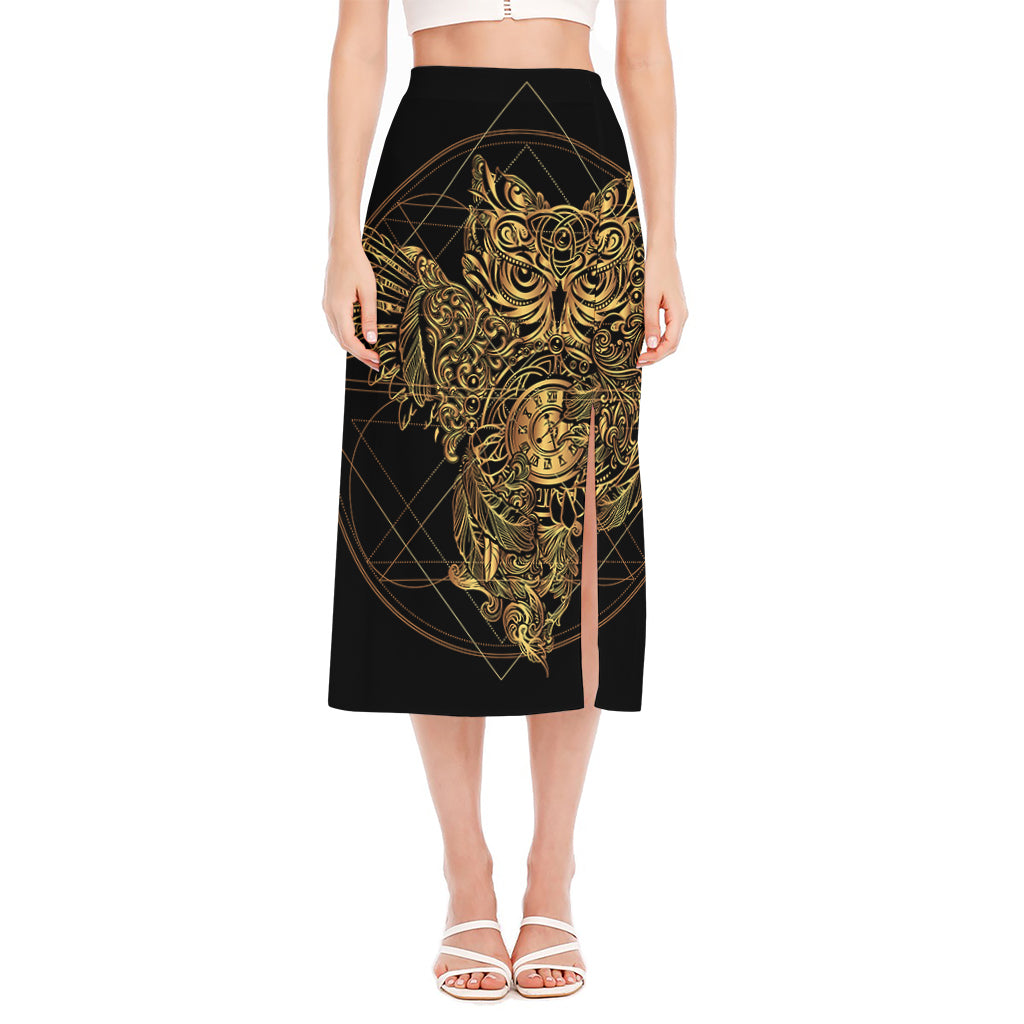 Golden Spiritual Owl Print Side Slit Midi Skirt