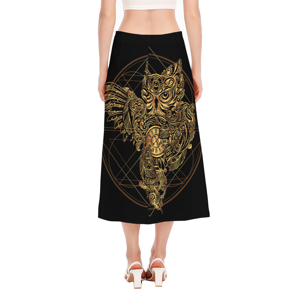 Golden Spiritual Owl Print Side Slit Midi Skirt