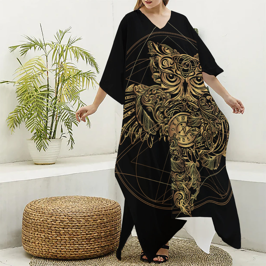 Golden Spiritual Owl Print Silk V-Neck Kaftan Dress