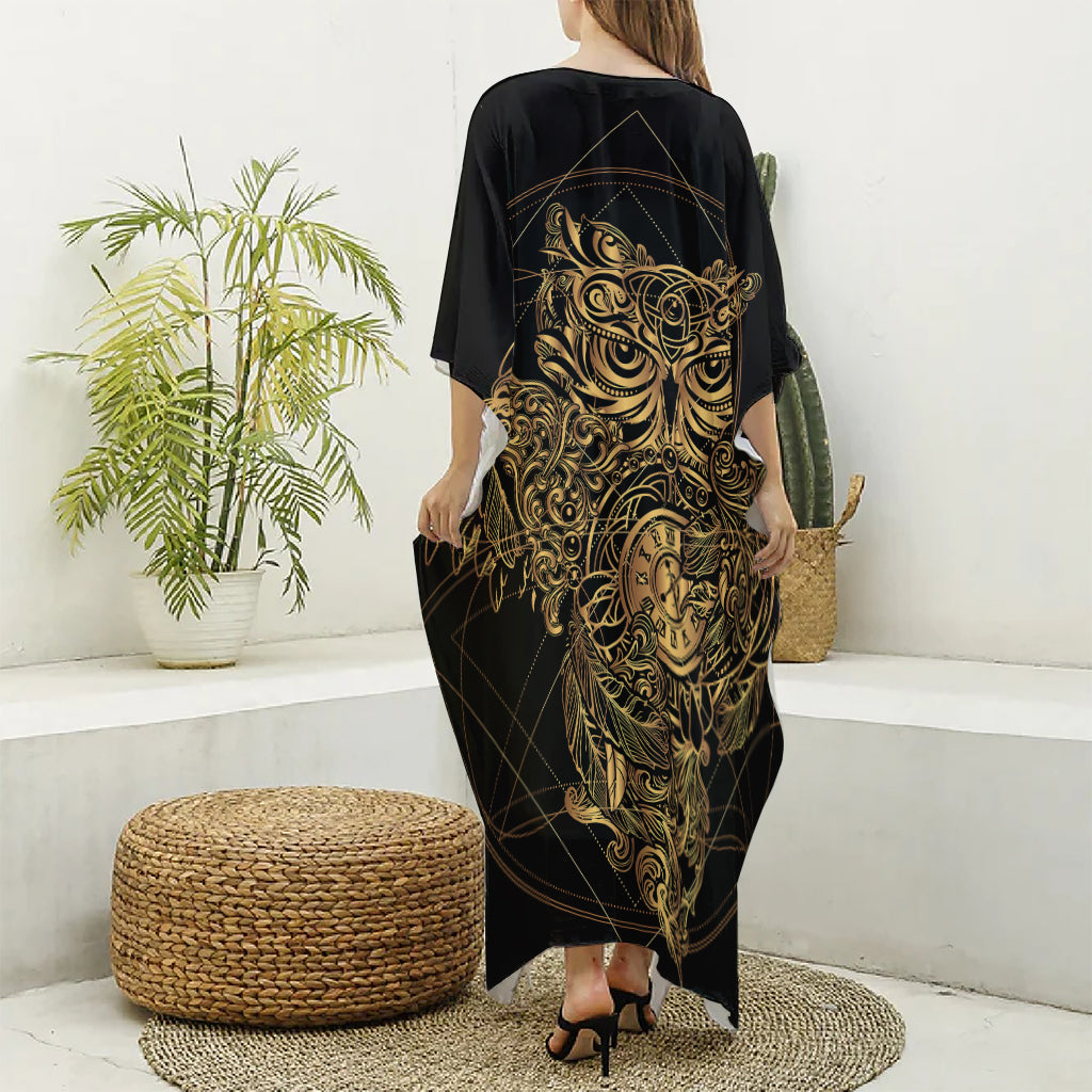 Golden Spiritual Owl Print Silk V-Neck Kaftan Dress