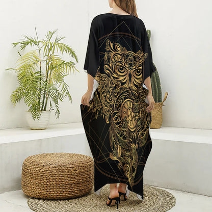 Golden Spiritual Owl Print Silk V-Neck Kaftan Dress