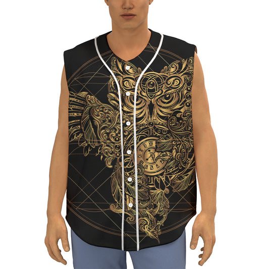 Golden Spiritual Owl Print Sleeveless Baseball Jersey