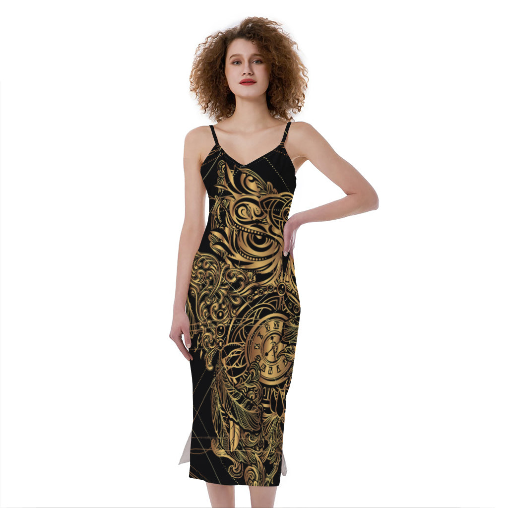 Golden Spiritual Owl Print Slim Fit Midi Cami Dress
