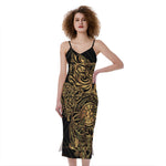 Golden Spiritual Owl Print Slim Fit Midi Cami Dress