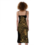 Golden Spiritual Owl Print Slim Fit Midi Cami Dress