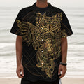 Golden Spiritual Owl Print Textured Short Sleeve Shirt