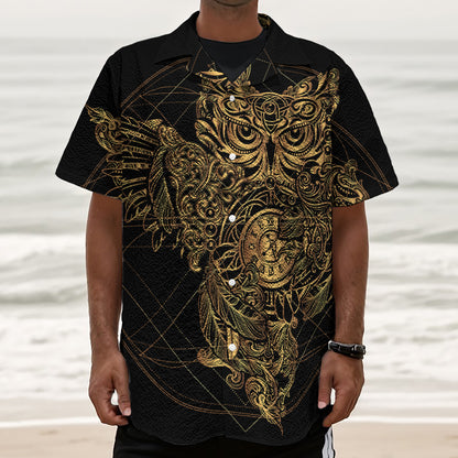 Golden Spiritual Owl Print Textured Short Sleeve Shirt