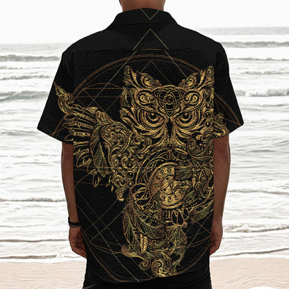 Golden Spiritual Owl Print Textured Short Sleeve Shirt