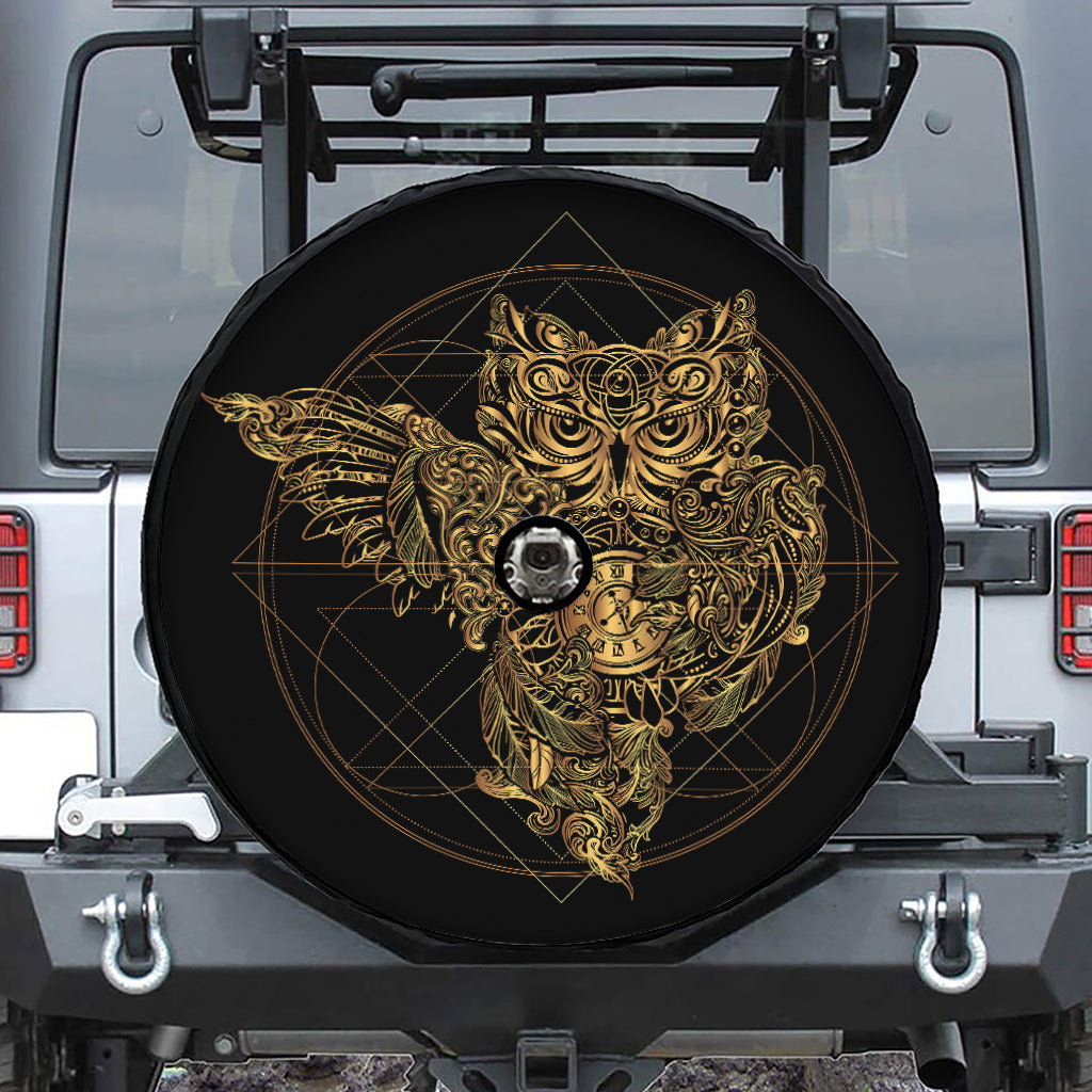 Golden Spiritual Owl Print Tire Cover With Camera Hole