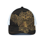 Golden Spiritual Owl Print White Mesh Trucker Cap