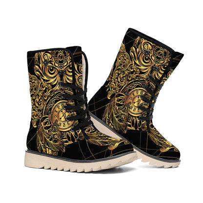 Golden Spiritual Owl Print Winter Boots