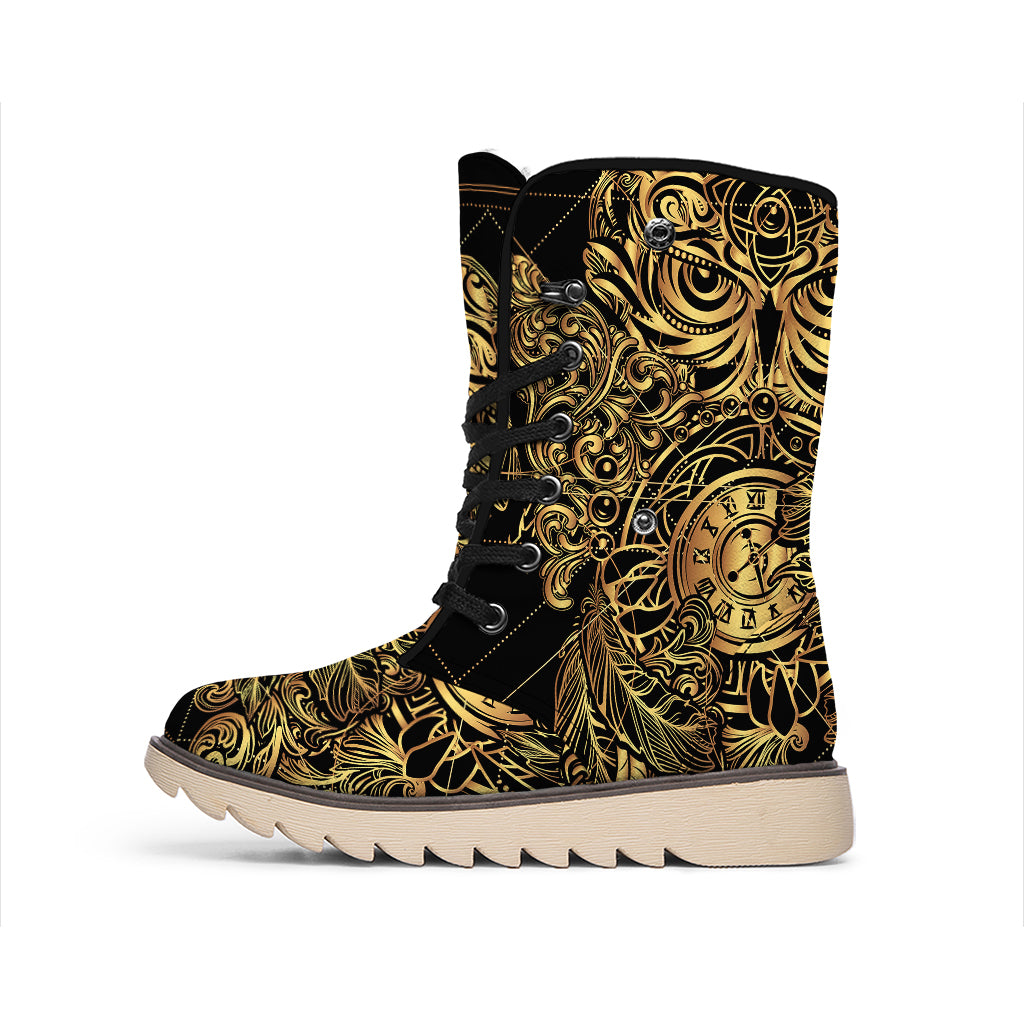 Golden Spiritual Owl Print Winter Boots