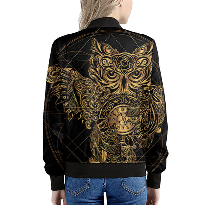 Golden Spiritual Owl Print Women's Bomber Jacket