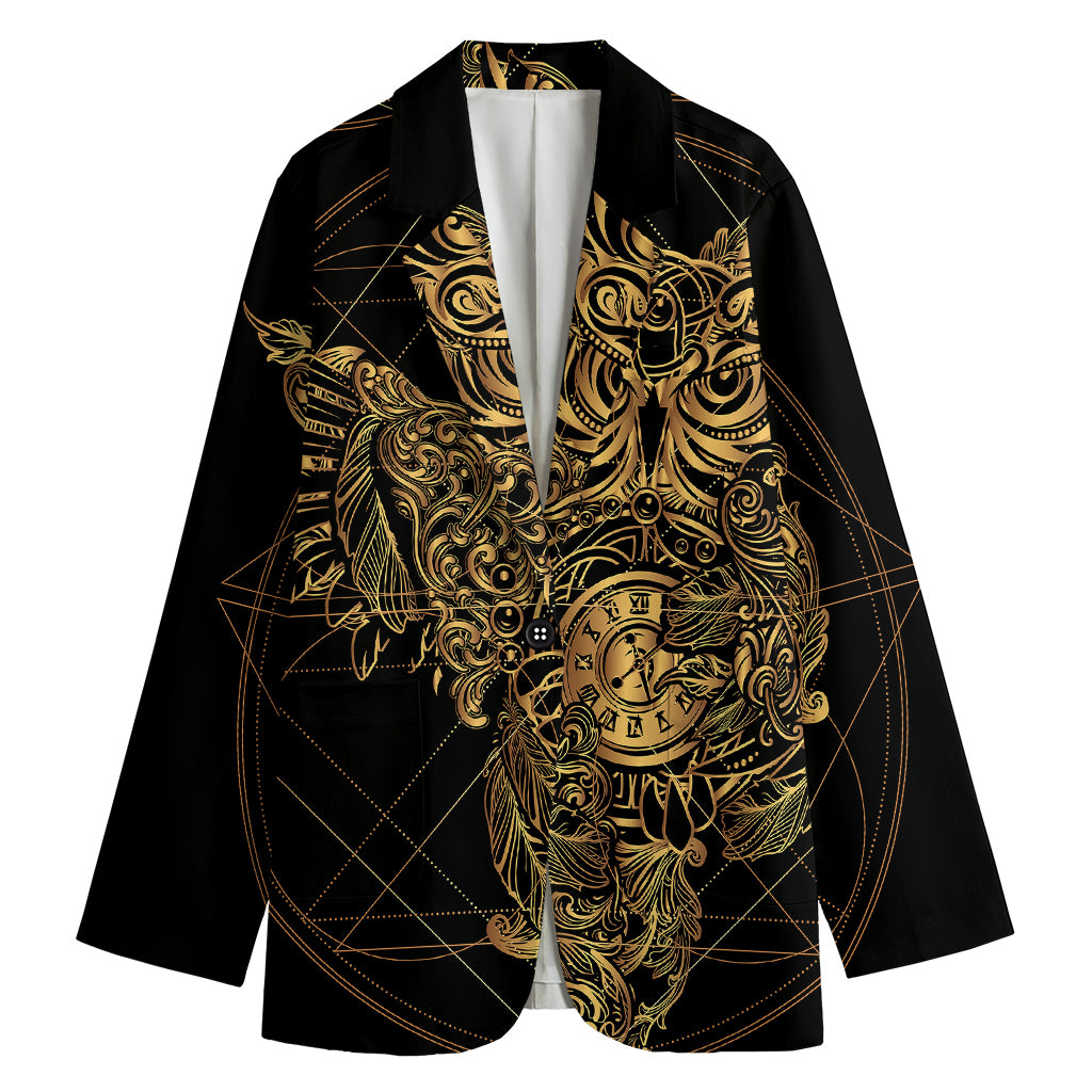 Golden Spiritual Owl Print Women's Cotton Blazer
