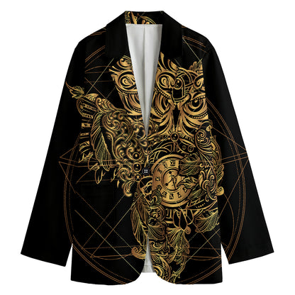 Golden Spiritual Owl Print Women's Cotton Blazer