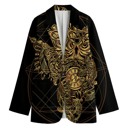 Golden Spiritual Owl Print Women's Cotton Blazer