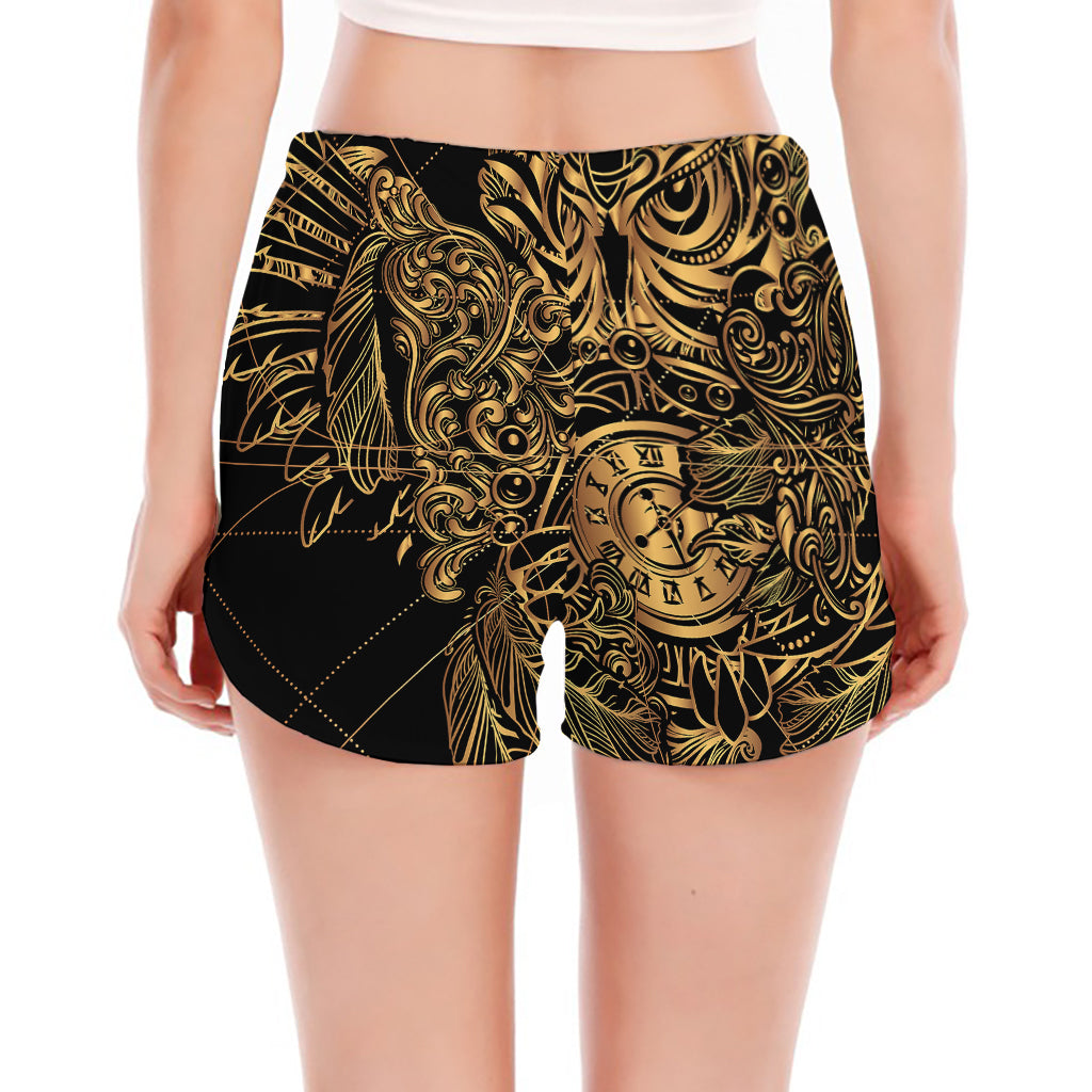 Golden Spiritual Owl Print Women's Split Running Shorts