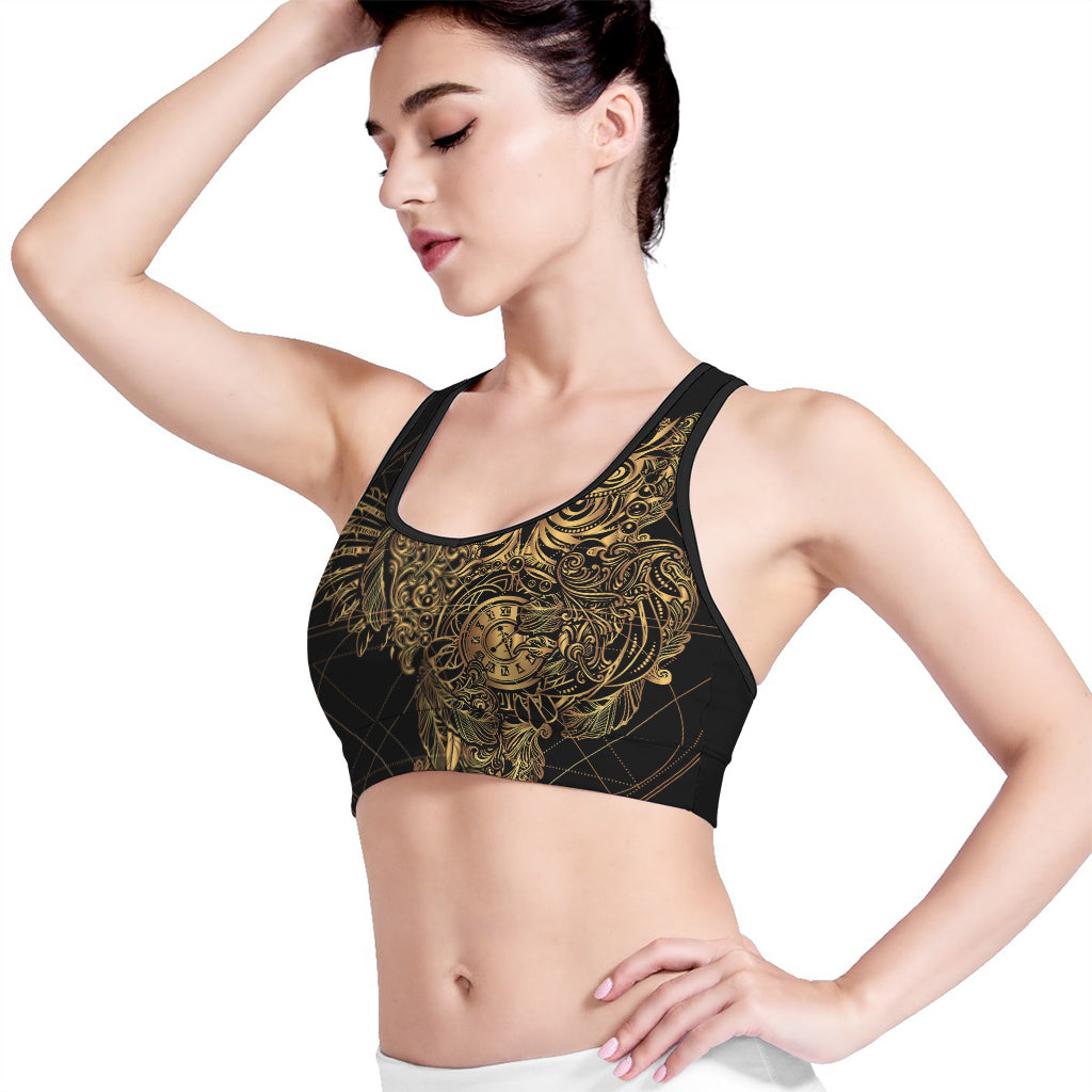 Golden Spiritual Owl Print Women's Sports Bra