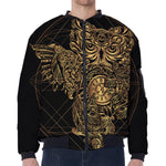 Golden Spiritual Owl Print Zip Sleeve Bomber Jacket