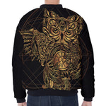 Golden Spiritual Owl Print Zip Sleeve Bomber Jacket