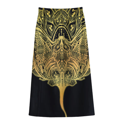 Golden Spiritual Stingray Print Cotton Front Slit Maxi Skirt