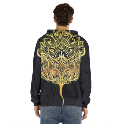 Golden Spiritual Stingray Print Men's Velvet Pullover Hoodie