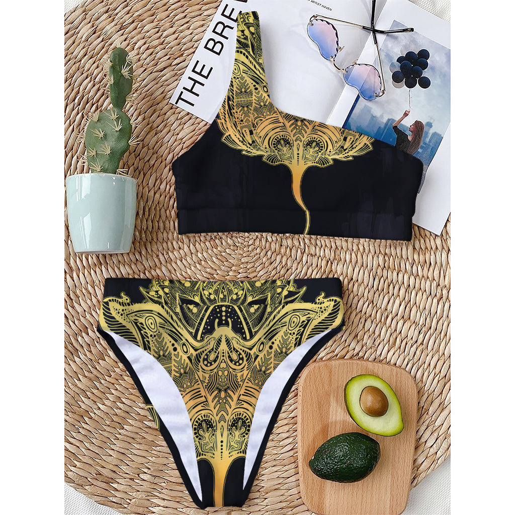 Golden Spiritual Stingray Print One Shoulder Bikini Top