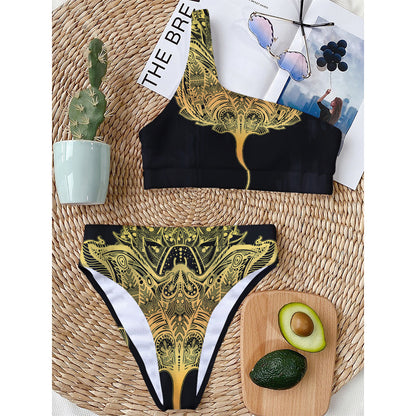 Golden Spiritual Stingray Print One Shoulder Bikini Top