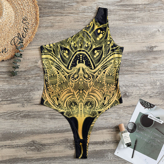 Golden Spiritual Stingray Print One Shoulder Bodysuit