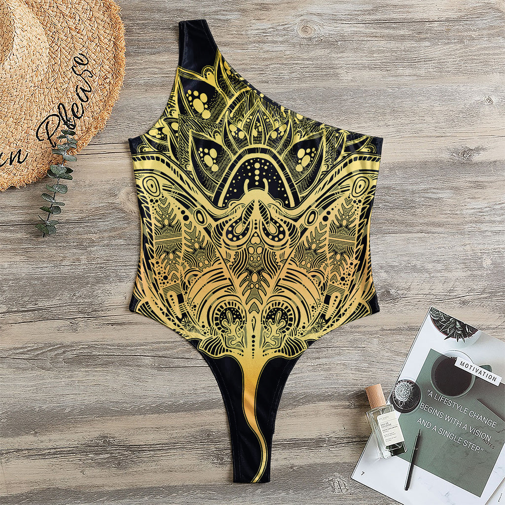 Golden Spiritual Stingray Print One Shoulder Bodysuit