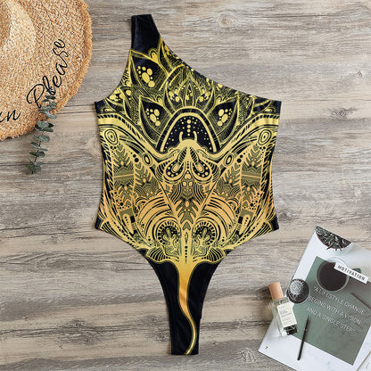 Golden Spiritual Stingray Print One Shoulder Bodysuit