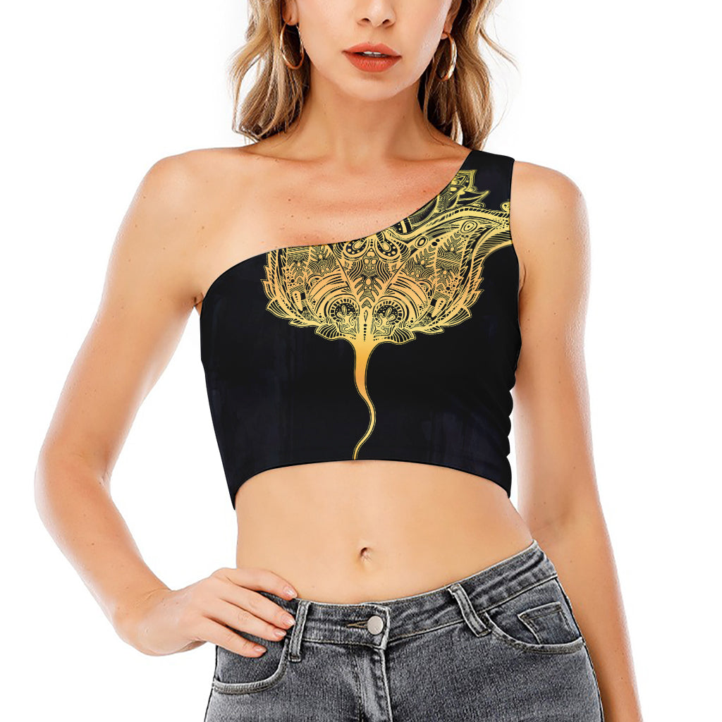 Golden Spiritual Stingray Print One Shoulder Crop Top
