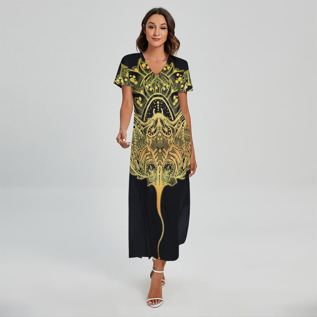 Golden Spiritual Stingray Print Short Sleeve Maxi Dress