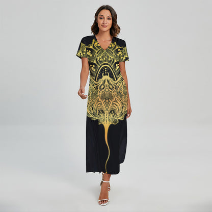 Golden Spiritual Stingray Print Short Sleeve Maxi Dress