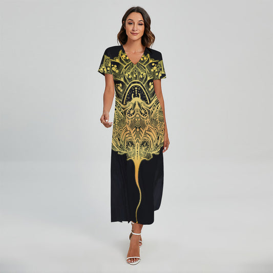 Golden Spiritual Stingray Print Short Sleeve Maxi Dress