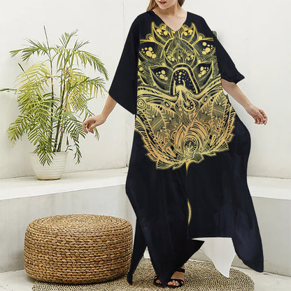 Golden Spiritual Stingray Print Silk V-Neck Kaftan Dress