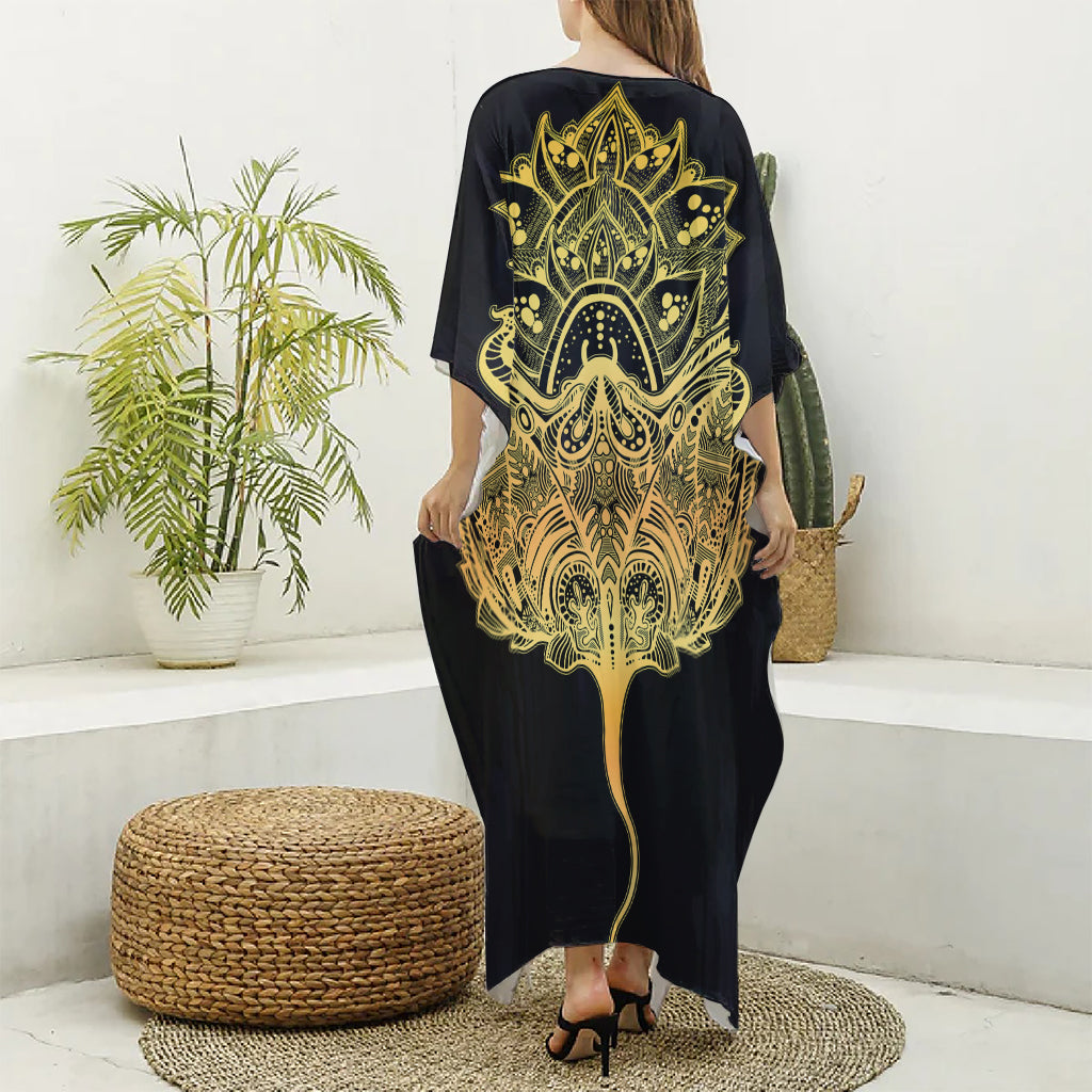 Golden Spiritual Stingray Print Silk V-Neck Kaftan Dress