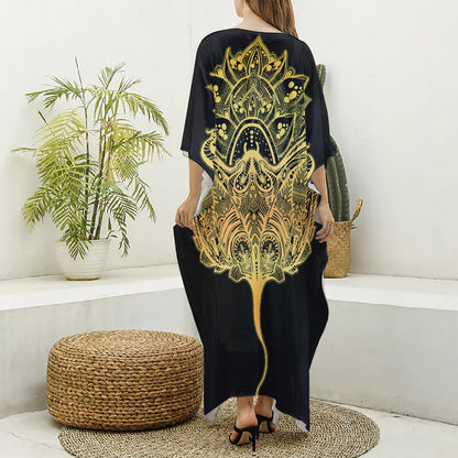 Golden Spiritual Stingray Print Silk V-Neck Kaftan Dress
