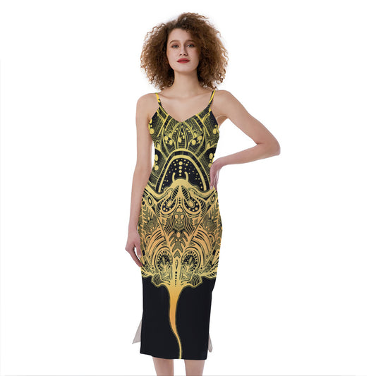 Golden Spiritual Stingray Print Slim Fit Midi Cami Dress