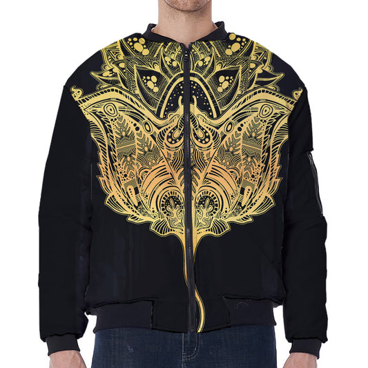 Golden Spiritual Stingray Print Zip Sleeve Bomber Jacket
