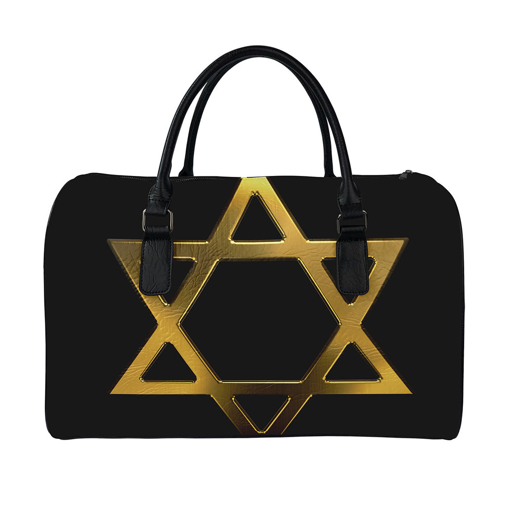 Golden Star of David Print Leather Duffle Bag