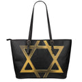 Golden Star of David Print Leather Tote Bag With Zipper